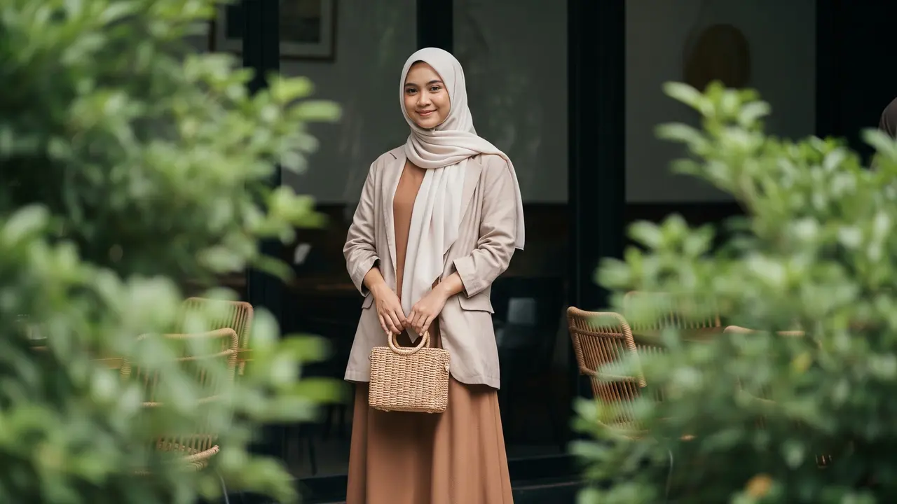 Model Gamis Polos Cutting A-Line dengan Blazer Loose Fit