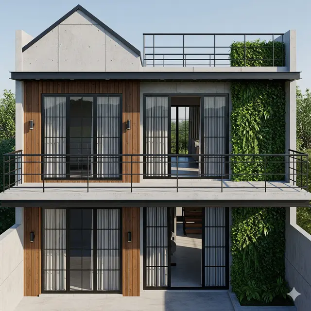 Inspirasi Rumah Gaya Industrial 2 Lantai dengan Balkon. Gemini