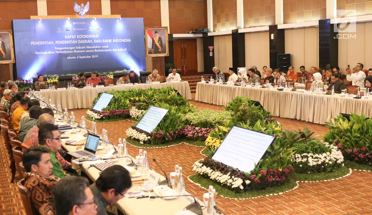 Suasana Rakor di Gedung BI, Jakarta, Rabu (4/9/2019). Rakor Pemerintah, Pemerintah Daerah, dan BI membahas Pengembangan Industri Manufaktur untuk meningkatkan pertumbuhan ekonomi secara berkelanjutan dan Inklusif. (Liputan6.com/Angga Yuniar)