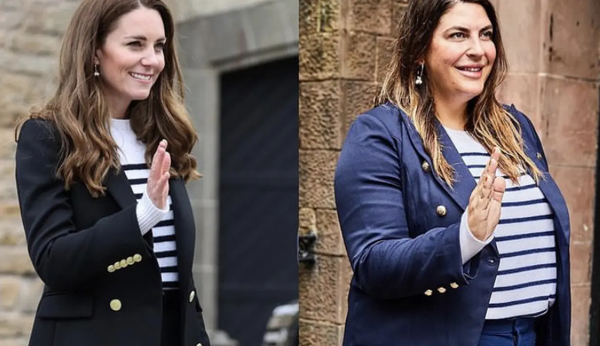 Katie juga meniru gaya Kate Middleton dengan blazer dan inner sweater bergarisnya. Instagram @katiesturino