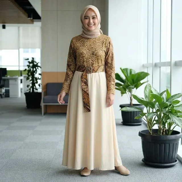 Gamis Batik Brokat Kombinasi Polos dengan Aksen Pinggang/Belt