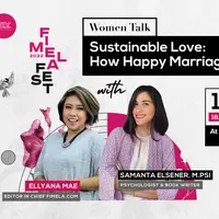 Penulis buku Samanta Elsener dan Editor in Chief Fimela, Ellyana Mae akan hadir dalam "Women Talk: Sustainable Love: How Happy Marriages Stay Happy" di Fimela Fest 2022.