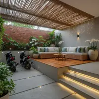 Desain Teras Rumah untuk Dua Motor dan Tempat Duduk Santai Sekaligus (Image by Gemini AI)