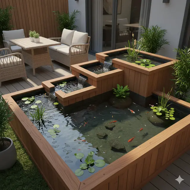 Kolam Ikan Mini Kayu di Teras Rumah