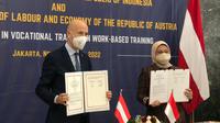 Kementerian Ketenagakerjaan RI bersama Kementerian Federal Tenaga Kerja dan Ekonomi Republik Austria, menandatangani kerja sama pelatihan vokasi pada pelatihan berbasis kerja.