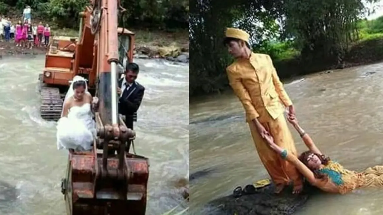 6 Foto Prewedding di Sungai Ini Penuh Perjuangan, Bikin Ngakak