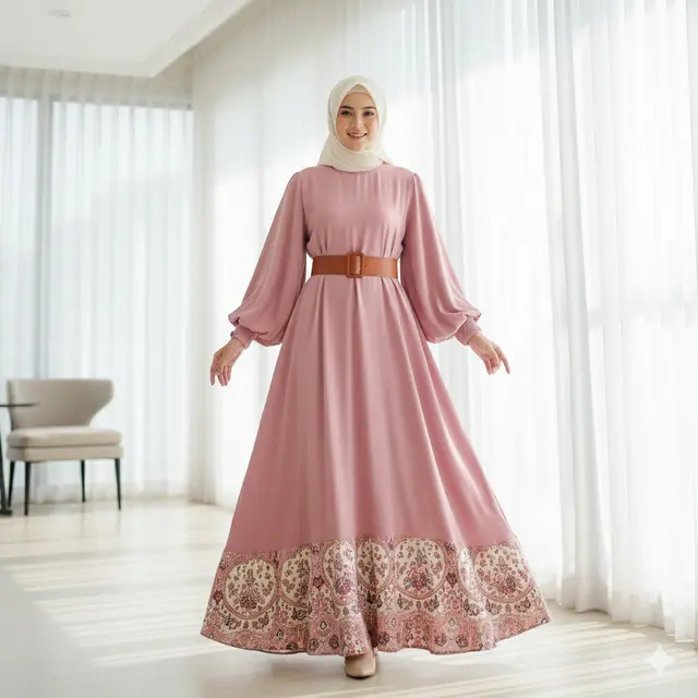 Gamis Batik Lengan Balon  Dusty Pink