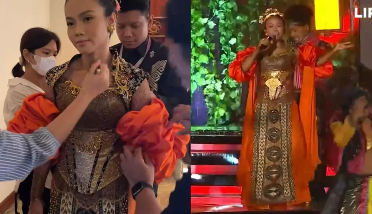 Yura Yunita tampil memukau mengenakan kebaya kontemporer dengan bustier warna emas dan rok batik saat membawakan lagu “Rasa Sayange”. [Instagram/yurayunita]
