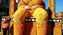 Pekerja merapikan susunan lemon dan jeruk yang menyerupai tubuh wanita di festival lemon, Menton , Prancis (10/2). 140 ton jeruk dan lemon dihabiskan untuk memeriahkan festival ini. (REUTERS/Eric Gaillard)