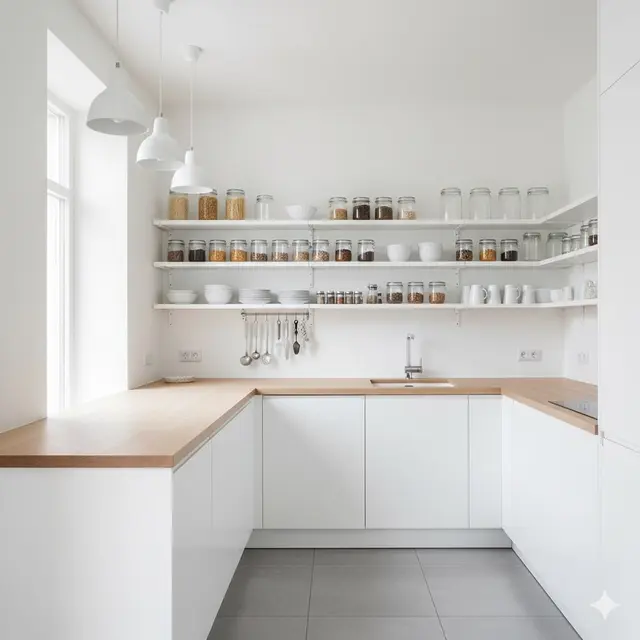 Inspirasi Dapur Kecil Modern dengan Rak Besi Terbuka dan Countertop Kayu