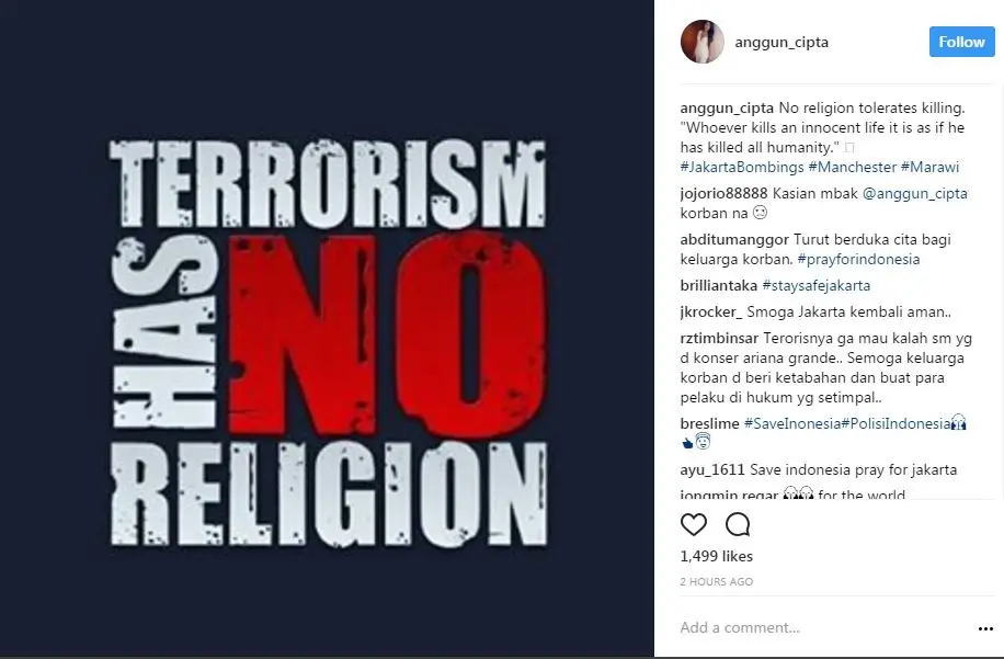 Anggun C Sasmi mengungkapkan tak ada agama yang menolerir pembunuhan (Instagram/@anggun_cipta)