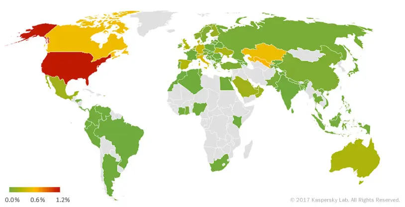 Persebaran malware di seluruh dunia (Sumber: Kaspesky Lab)
