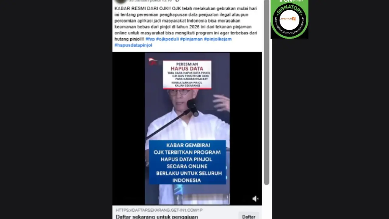 Tangkapan layar klaim link pendaftaran penghapusan data pinjaman online (pinjol) 2026 dari OJK yang beredar di Facebook.