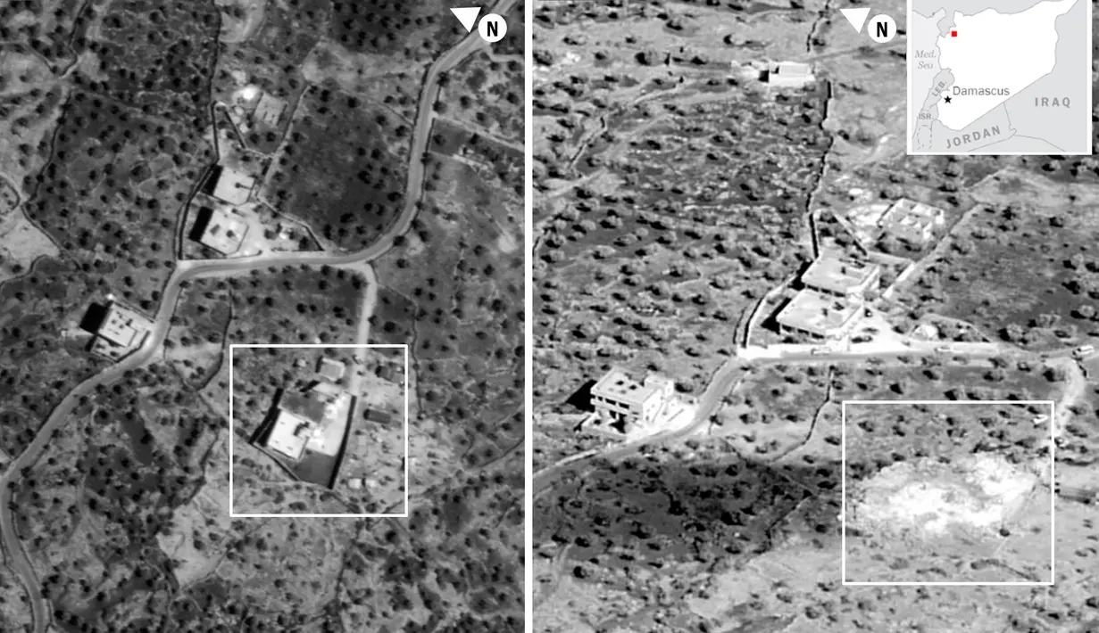 Gambar yang dirilis Departemen Pertahanan AS pada 30 Oktober 2019 menunjukkan rumah persembunyian pemimpin ISIS Abu Bakr al-Baghdadi sebelum dan sesudah digempur. Tempat persembunyian Baghdadi diratakan dengan tanah agar tidak menjadi tempat kenangan dalam cara apapun. (Department of Defense via AP)