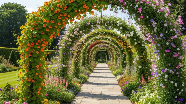 Desain Kebun Rumah dengan Lorong Tanaman Rambat ala Taman Eropa (AI)