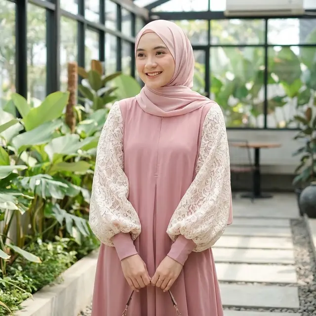 Gamis Lengan Balon Lapisan Brokat (Gemini AI)