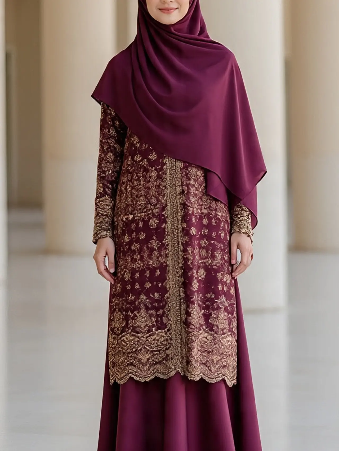 6 Inspirasi Dress Brokat Hijab Burgundy 2025, Tampilan Elegan dan Mewah ...