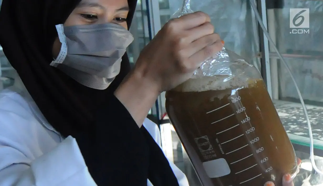 Peneliti mengecek tabung berisi mikroorganisme bawah laut di Laboratorium BPPT, Serpong, Tangsel, Banten, Kamis (10/1). Penelitian tersebut merupakan langkah awal bagi pengembangan energi alternatif di Indonesia. (Merdeka.com/Arie Basuki)