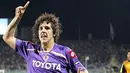 Kegembiraan striker Fiorentina, Stevan Jovetic setelah mencetak gol menghadapi Sporting Lisbon di leg kedua playoff Liga Champions di Artemio Franchi, Florence, 26 Agustus 2009. AFP Photo/FABIO MUZZI