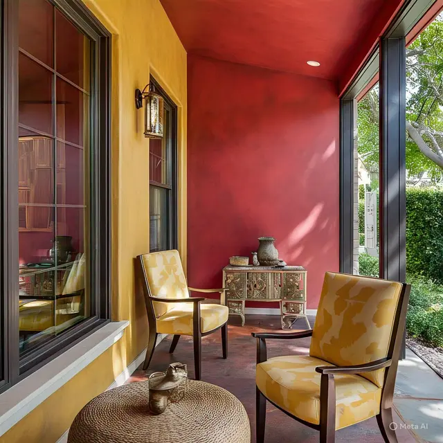 Interior Merah Mewah dengan Aksen Kuning Bumi
