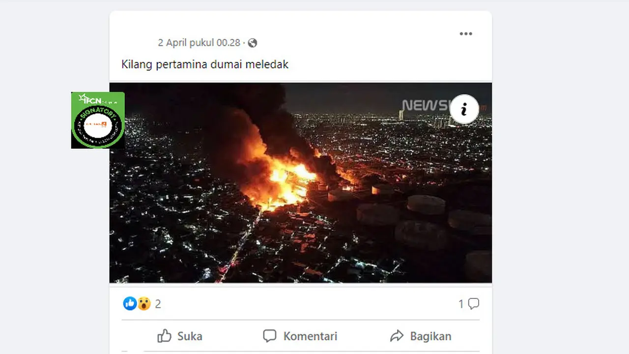 Tangkapan layar klaim foto kilang Pertamina Dumai meledak