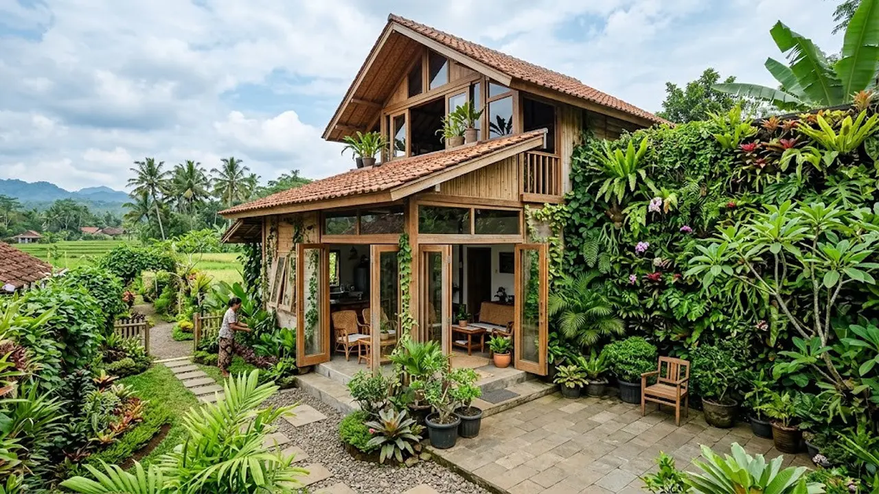Ide Rumah Kampung dengan Bukaan Besar dan Tanaman/AI Generated