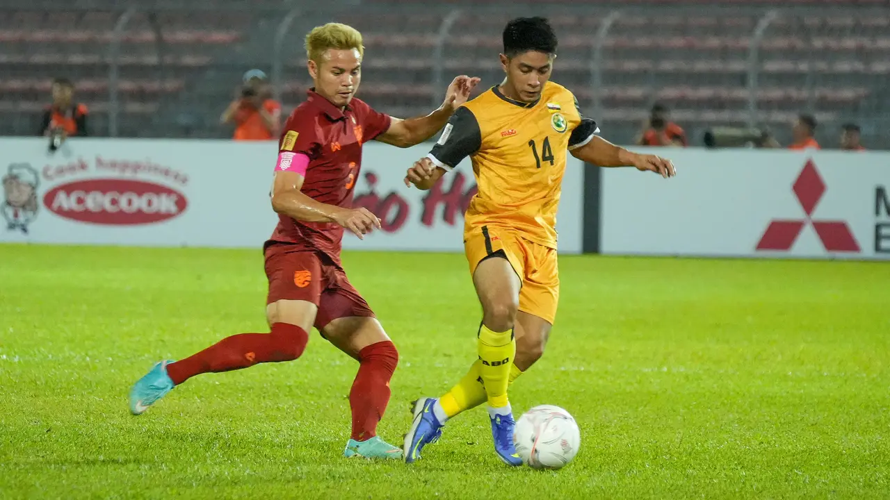 Timnas Brunei Darussalam ketika bermain di Kuala Lumpur Stadium dalam Piala AFF 2022.