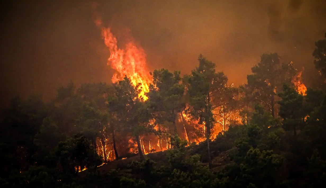 Hembusan angin hingga 49 kilometer (31 mil) per jam mempersulit upaya untuk mengendalikan kobaran api. (Photo by EUROKINISSI / Eurokinissi / AFP)
