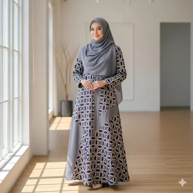 Gamis Batik Kawung Kombinasi Polos