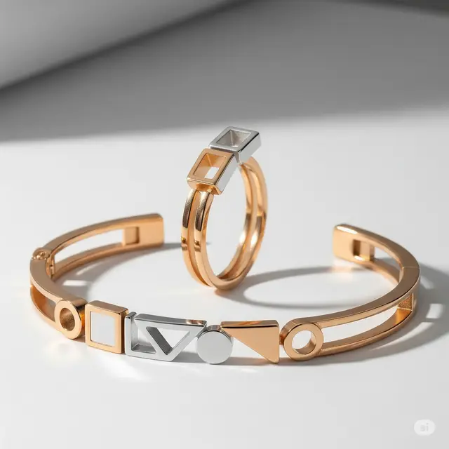Set Gelang Bangle Geometris dan Cincin Minimalis
