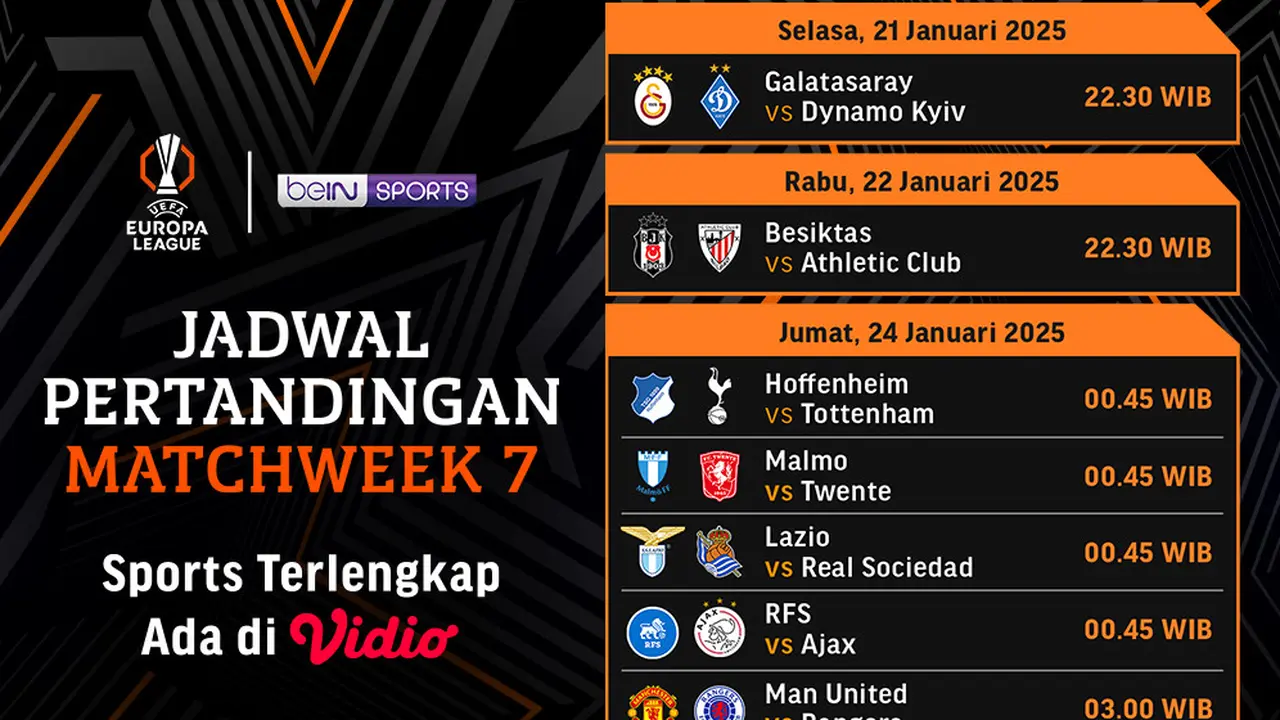 Jadwal Pertandingan Liga Europa 2024/25 Matchweek 7 di Vidio