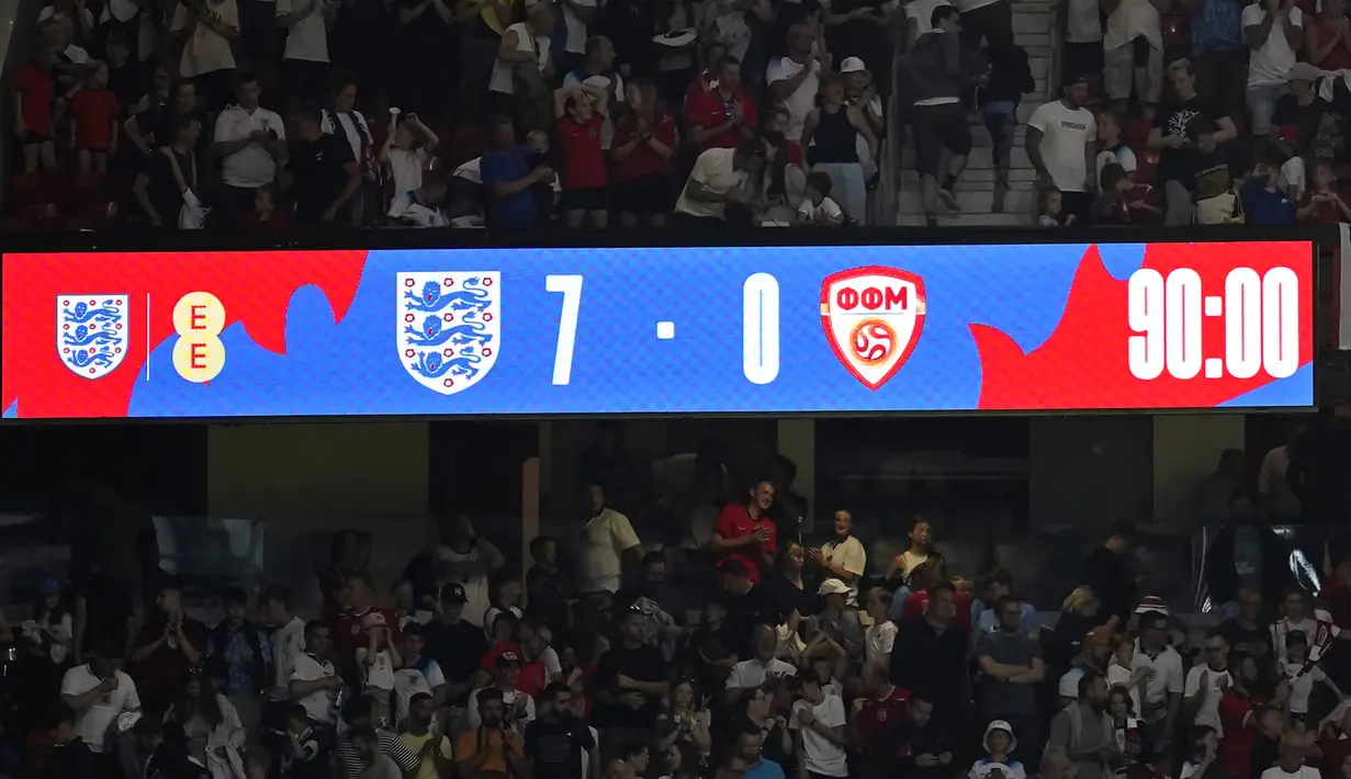 Papan skor yang menunjukkan hasil akhir 7-0 untuk kemenanagan Timnas Inggris atas Makedonia Utara pada laga Grup C kualifikasi Euro 2024 di Old Trafford, Manchester (19/6/2023). (AP Photo/Dave Thompson)