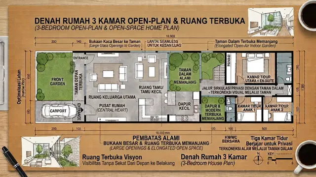 Denah Rumah 3 Kamar Tanpa Sekat untuk Lahan Memanjang (AI Generated)
