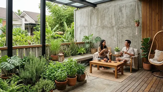 Teras Industrial dengan Elemen Kayu dan Kebun Kecil