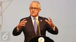 PM Australia Malcom Turnbull saat memberikan keterangan pers hasil pertemuan para kepala negara dan pimpinan delegasi dalam rangkaian KTT Indian Ocean Rim Association (IORA) 2017 di JCC, Jakarta, Selasa (7/3). (Liputan6.com/Angga Yuniar)
