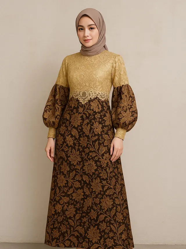 Model Dress Batik Lengan Balon Two Tone Kekinian