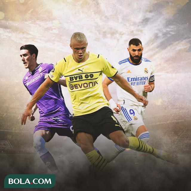 Ilustrasi - Dusan Vlahovic, Erling Haaland, Karim Benzema