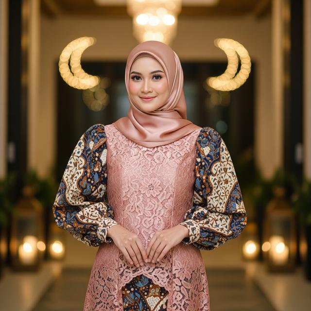 5. Kombinasi Brokat Rose Gold dan Batik pada Lengan Balon (Puffy Sleeves) Gamis