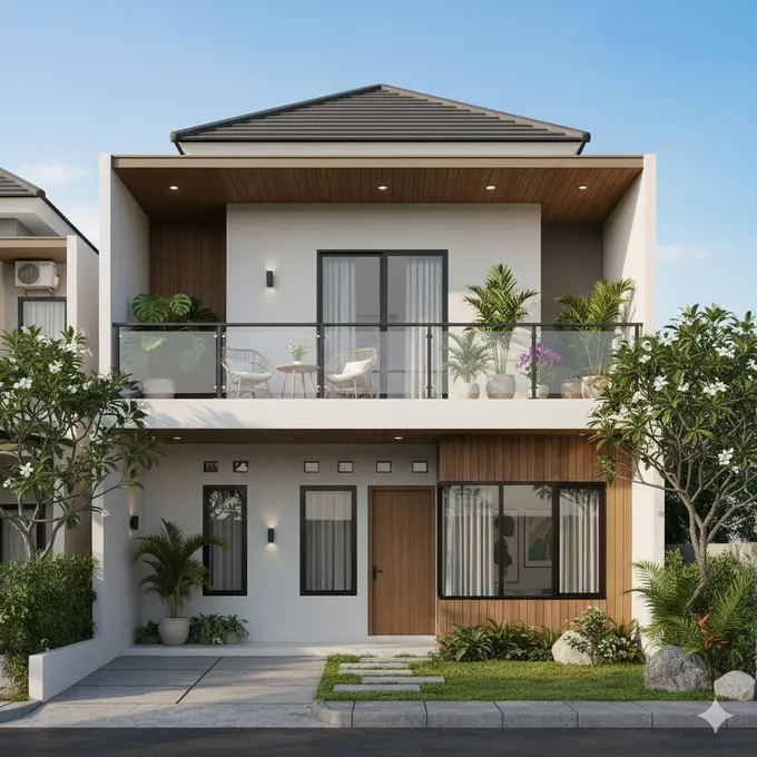 Model Rumah 6x12 Atap Datar dengan Balkon Atas