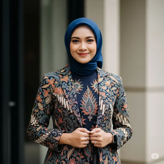 Model Baju Batik Kantor Wanita Berjilbab Modern. Foto: Gemini