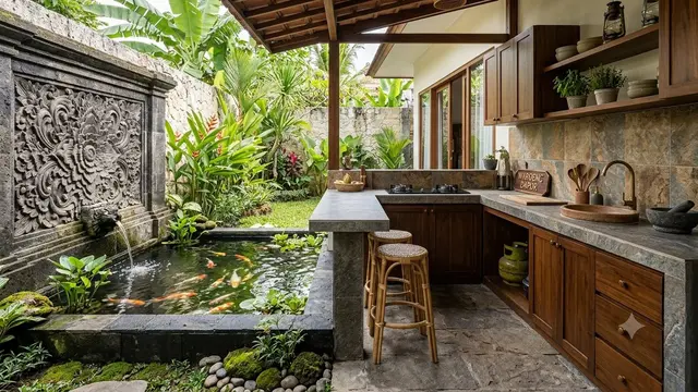 Desain Dapur Semi Outdoor dengan Kolam Ikan Mini