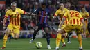 Robert Lewandowski, Ansu Fati dan Raphinha ditempatkan sebagai gara terdepan dalam lini serang. (AP Photo/Joan Monfort)