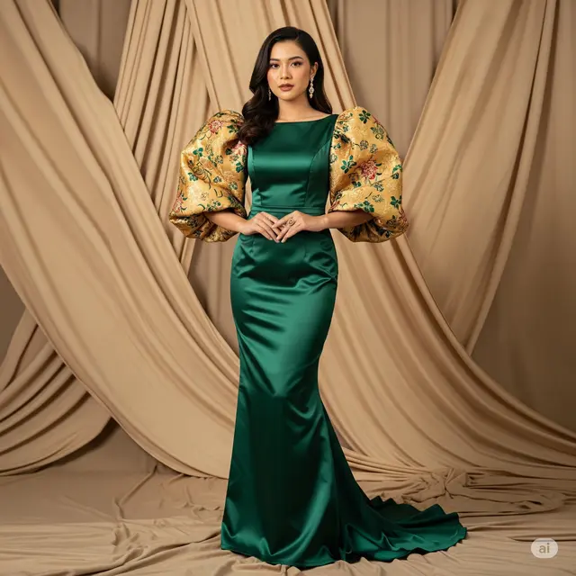 Contoh Model Brokat Dress Kombinasi Satin Dress Lengan Balon Brokat-Satin. Foto: Gemini