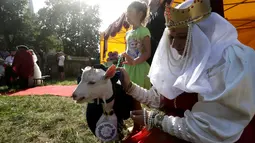 Seorang wanita mengenakan kostum bersama kambingnya selama kontes kecantikan kambing di Ramygala, Lithuania, Minggu (26/6). Kambing telah menjadi simbol desa Ramygala sejak abad pertengahan dan sangat dihargai oleh penduduk setempat.(REUTERS/Ints Kalnins)