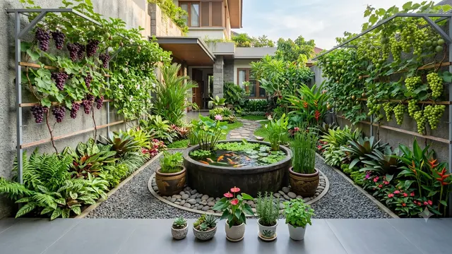 Ide Halaman Produktif dengan Pagar Buah, Kebun Sayur, dan Kolam Ember. Gemini