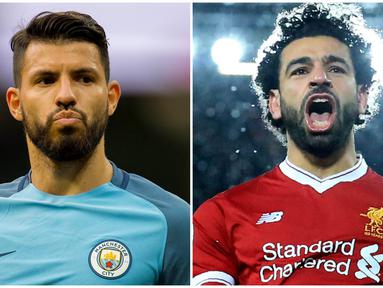 Sergio Aguero, masih memimpin top scorer sementara Premier League dengan 19 gol. Namun Striker Manchester City tersebut harus mewaspadai Mohamed Salah yang kembali mencetak gol dan berada tepat dibawahnya dengan selisih satu gol. (Foto EPA dan AFP)