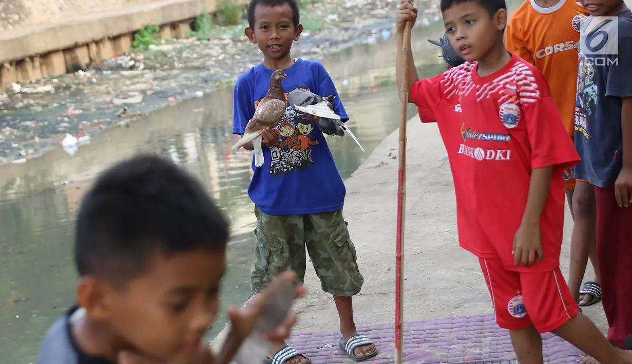 Seorang anak memegang burung dara di bantaran anak Sungai Ciliwung, Jakarta, Rabu (6/6). Meskipun tidak layak sebagai tempat bermain, namun lokasi itu menjadi tempat bagi anak-anak untuk menunggu waktu berbuka. (Liputan6.com/Immanuel Antonius)