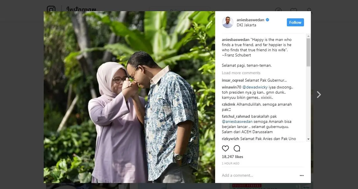 Anies Baswedan mengunggah foto mesra dengan istrinya, Fery Farhati Ganis. (Instagram Anies Baswedan)