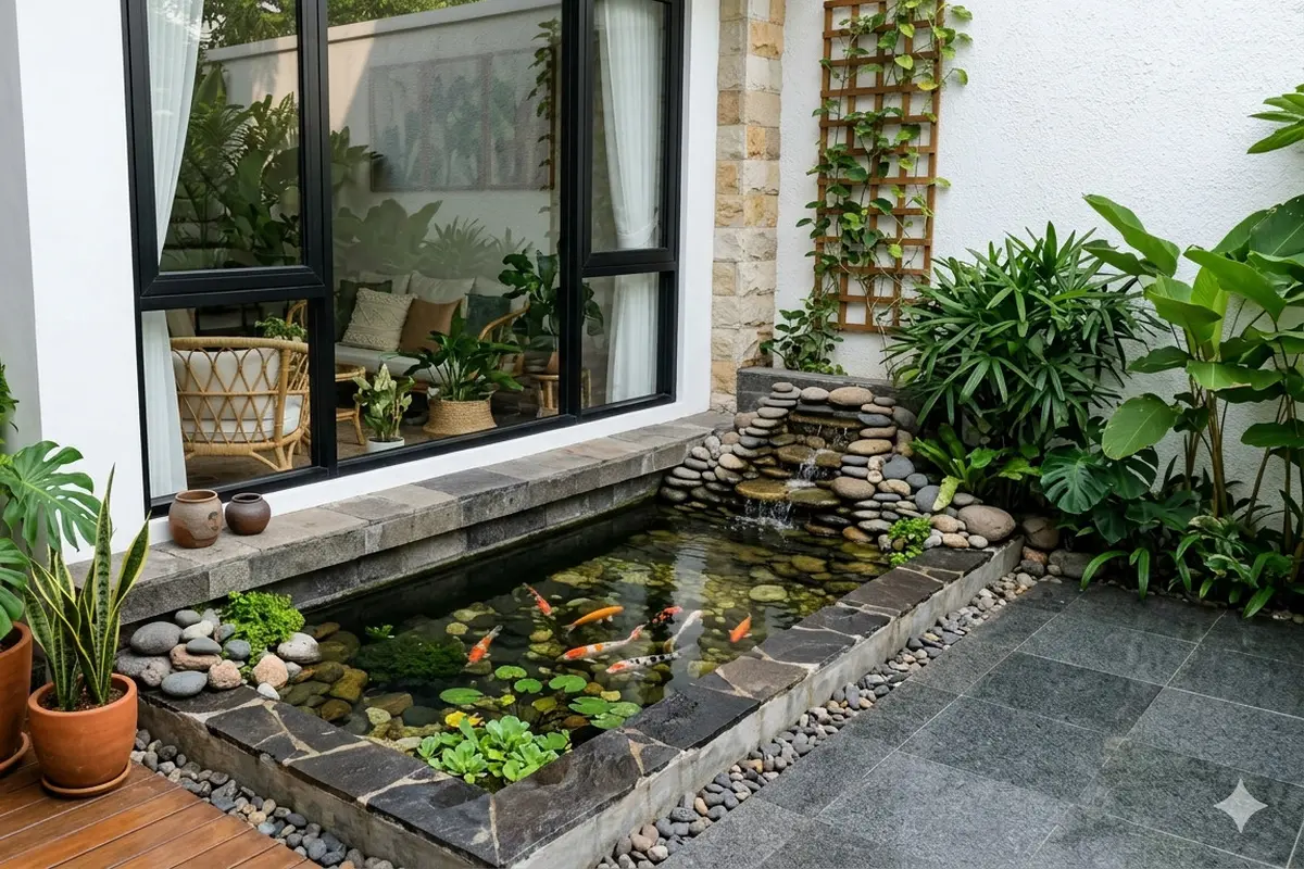 Desain Kolam Ikan Bawah Jendela Ruang Tamu yang Estetik dan Hemat Tempat