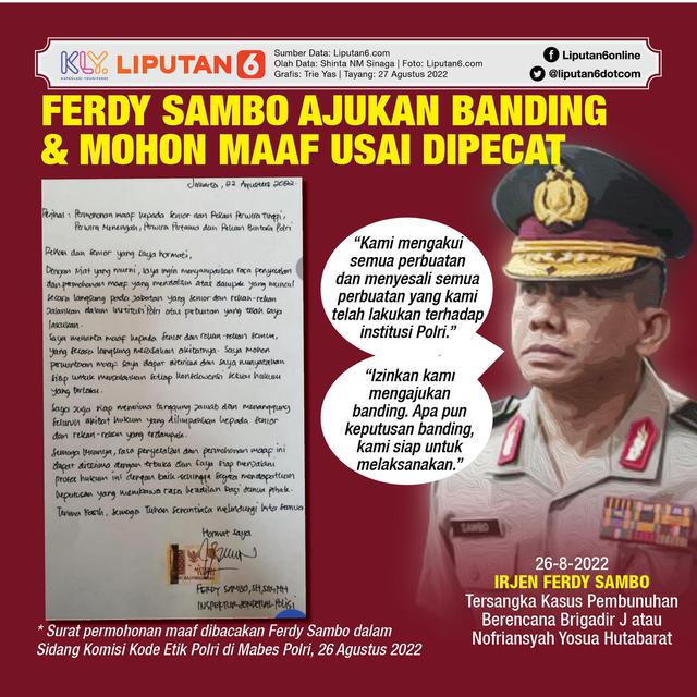 <p>Infografis Ferdy Sambo Ajukan Banding & Mohon Maaf Usai Dipecat (Liputan6.com/Triyasni)</p>